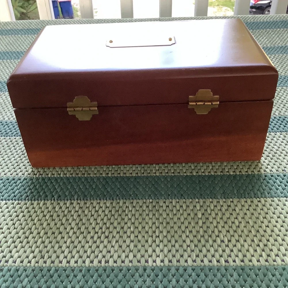 Vintage Wooden Jewelry Box Chest Cherry Finish Brass Hardware 2-Tier Organizer